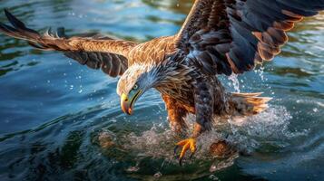 Close up of eagle grabbing the fish above blue water. photo