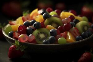 Fresh fruit salad, close up, macro, in the style of food photography. photo