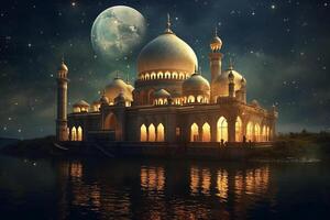 The mosque, Kareem lantern, Blurred star in night sky background, Eid al adha concept. photo