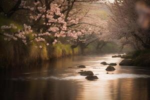 Butterply, cherryblossom, blurred river. photo