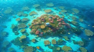 un aéreo Disparo de un tropical de la isla laguna, con superficial turquesa aguas y coral formaciones creando intrincado patrones debajo el superficie. ai generativo foto