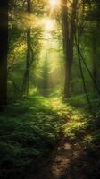 hermosa rayos de luz de sol en un verde bosque. ai generativo foto