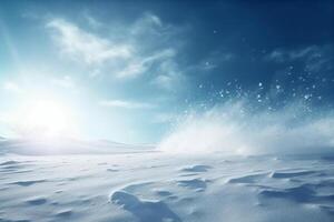 Winter snow background with snowdrifts, beautiful light and falling flakes of snow on blue sky, drifting snow. photo