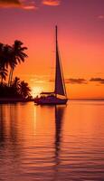 view of a sunset over a calm ocean, with warm orange and pink tones filling the sky. photo