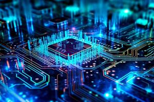 Digital technology circuit board as a futuristic and innovative background. photo
