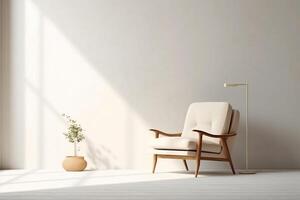 Modern minimalist interior with an armchair on empty white color wall background. photo