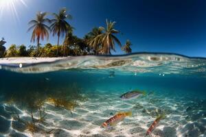 Photograph of beautiful inviting beach scene with blue sky. photo