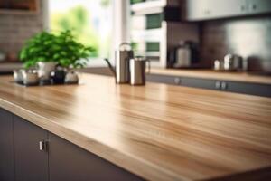 Wooden table top on blur kitchen room background. photo