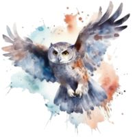 Uggla ClipArt flygande vattenfärg t-shirt design transparent bakgrund, ai genererad png