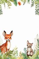 White background with simple leaves in corner with cute forest animals watercolor style. photo