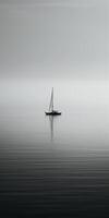 white image of a lone sailboat on a calm sea, photo