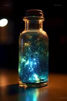 brillante galaxia en un vaso botella. ai generativo foto