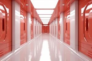 Futuristic background science fiction interior white wall and red light architecture corridor,. photo