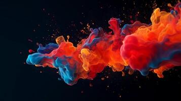 Paint drop. Ink water. Cold flame. Burning ice. Red orange blue color gradient glowing glitter fluid splash on dark black abstract art background. photo