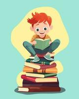 boy student sitting on a pile of books boy student reading a book vector