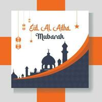 Eid al Adha Mubarak Islamic festival social media banner and Happy Eid Al Adha Mubarak  with mosques, lights, moon, and stars Post Template vector