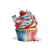 4to de julio magdalenas conjunto dulces alimento. Estados Unidos contento independencia día Formación de hielo mollete con rojo y azul estrellas, bandera, cilindro sombrero ai generativo png