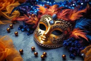 Venetian carnival mask and beads decoration. Mardi gras background. photo