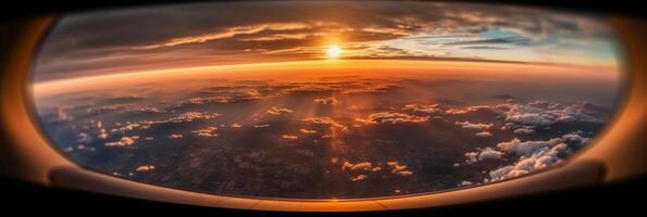 The view from the plane window to the sunset. Aerial view. photo