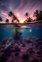 fotografía de hermosa atractivo playa escena con púrpura puesta de sol cielo. ai generativo foto