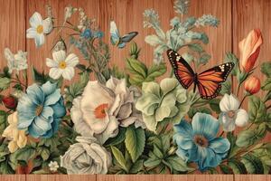 Wild flowers on wooden background with butterflies. photo