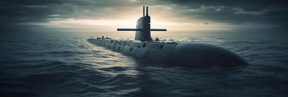 Generic military nuclear submarine floating in the middle of the ocean. photo