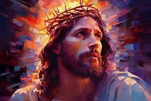 Jesus with a crown of thorns surrounded by glowing light Palette knife drawing. photo