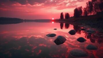 A scene in which the entire pink sky is reflected in the water. photo