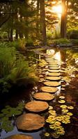 Luminous granite stepping stones leading to cottage in middle of pond. photo