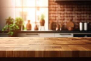 Wooden table top on blur kitchen room background. photo
