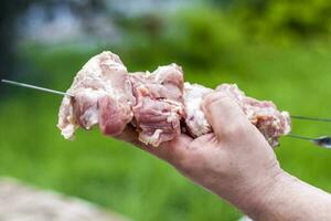 Raw meat for cooking barbecue on the fire. Traditional Caucasian kebab on a skewer, cooking meat on skewers. Shish kebab roasting on the grill photo