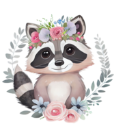 mignonne animaux aquarelle fleurs ai génératif png