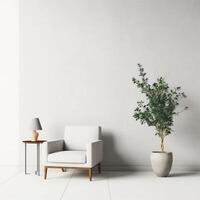 Modern minimalist interior with an armchair on empty white color wall background. photo