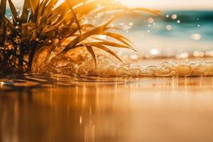 hermosa antecedentes para verano vacaciones y viajar. dorado arena de tropical playa, borroso palma hojas y bokeh Destacar en agua en soleado día. ai generativo foto