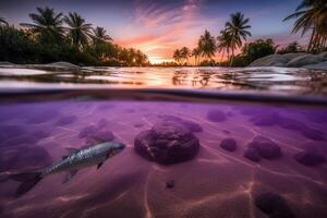 Photograph of beautiful inviting beach scene with purple sunset sky. photo