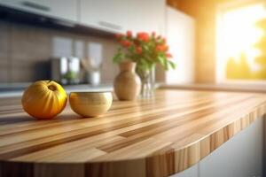 de madera mesa parte superior en difuminar cocina habitación antecedentes. ai generativo foto