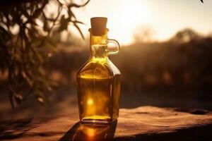 Golden olive oil bottle on wooden table olive field in morning sunshine. photo