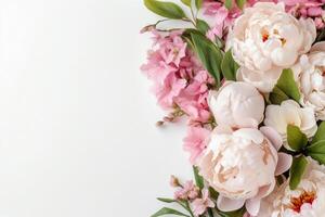 peonias, rosas en blanco antecedentes con Copiar espacio. resumen natural floral marco diseño con texto espacio. romántico femenino composición. Boda invitación. ai generativo foto
