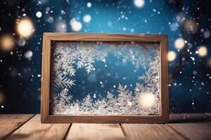 Winter Christmas snowy frame with copy space. Wooden light boards are covered with snow with clean free empty space for text. photo