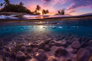 Photograph of beautiful inviting beach scene with purple sunset sky. photo