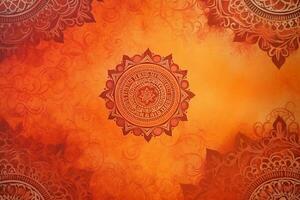 orange Pantone color background paper texture Rangoli pattern painting. photo