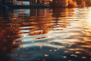 Lake, crisp radiant reflections, sunlight gleaming. photo
