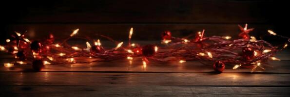 Navidad antecedentes con azul ligero luminoso guirnaldas y rojo estrellas en un blanco de madera antecedentes con Copiar espacio. ai generativo foto