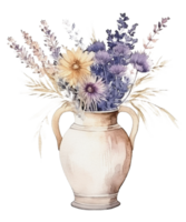 florero con seco flores sublimación acuarela camiseta diseño, transparente fondo, ai generado png