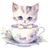 Cute Teacup Kitten watercolor t-shirt design, transparent background, png