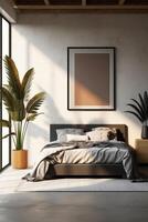 Blank white photo poster frame with black edge in modern, luxury beige brown bedroom, wood head board bed, gray blanket, pillow, bedside table, palm houseplant in sunlight.