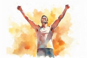 Successful happy accomplished athletic man stands with raised arms facing the sun. photo