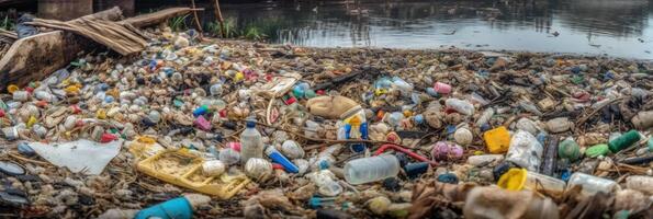 Beach full of garbage and plastic waste as wide banner for environmental and recycle concepts. photo