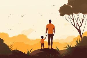 ilustración de padre con su pequeño niño, árbol en el antecedentes. concepto de padres día, padres amar, relaciones Entre padre y niño. ai generativo foto