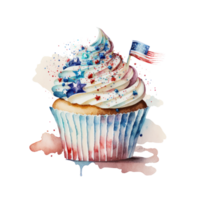 4 .. von Juli Cupcakes einstellen Süßigkeiten Lebensmittel. USA glücklich Unabhängigkeit Tag Glasur Muffin mit rot und Blau Sterne, Flagge, Zylinder Hut ai generativ png